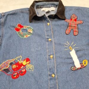 Vintage Jane Ashley Christmas Patchwork Blue Denim Shirt Sz S-L Oversized 80-90s